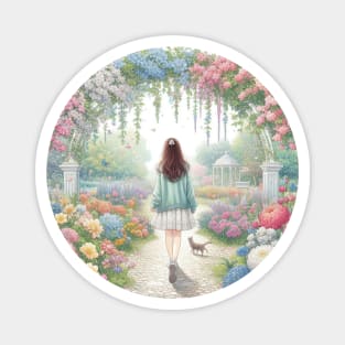 Sweet girl with a cat in the flower garden Magnet